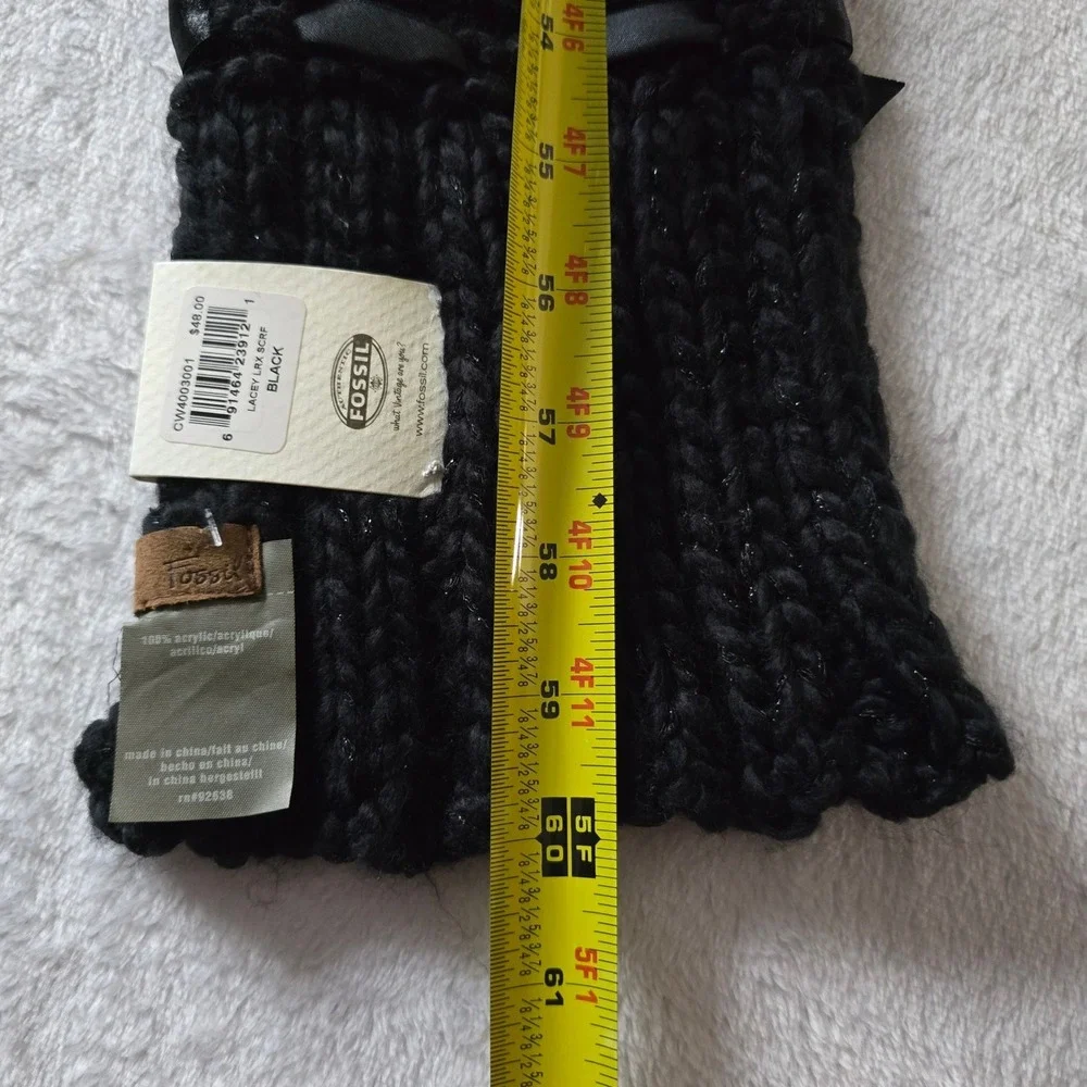 Fossil Lacey Lurex Black Chunky Knit Scarf with Satin Bows Metallic CW4003001